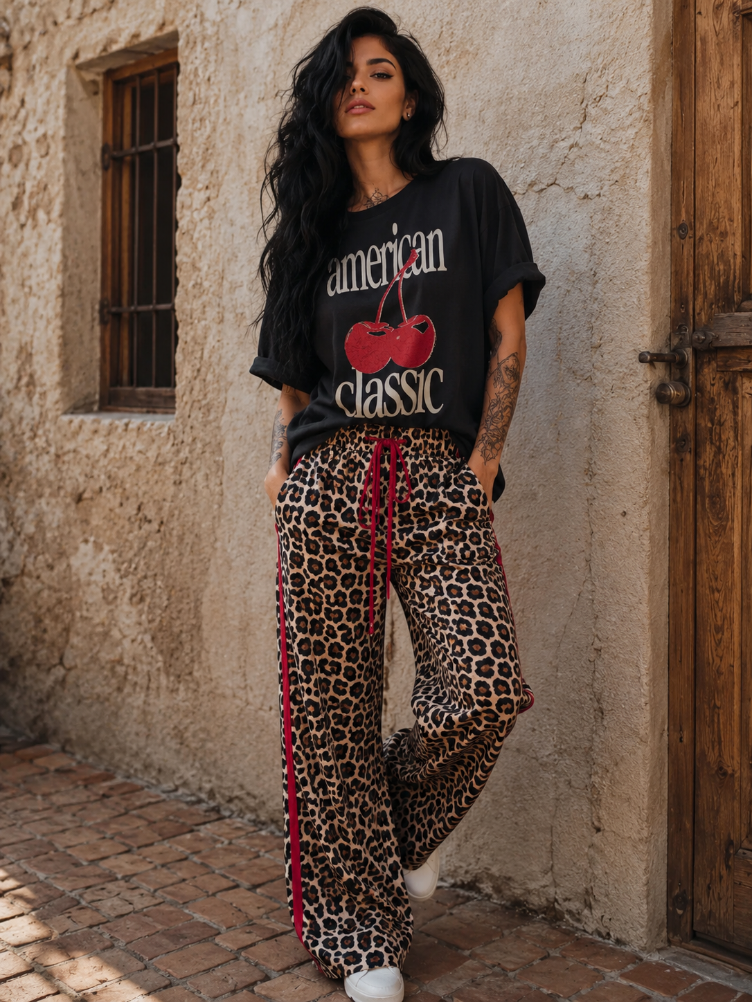 Rebel Red Leopard Wide Leg Track Pants