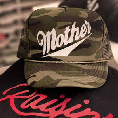 "Mother" graphic camo trucker