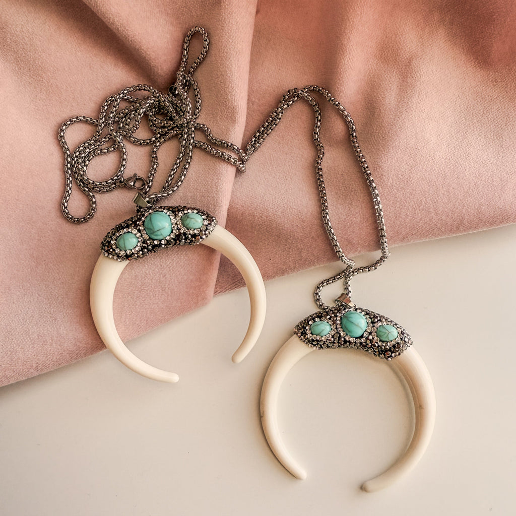 Boho Studded Horn Crescent Necklace