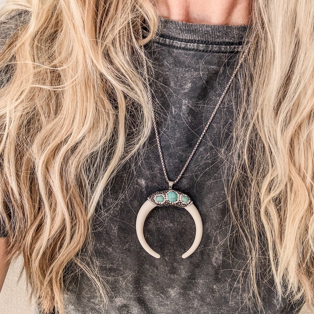 Boho Studded Horn Crescent Necklace