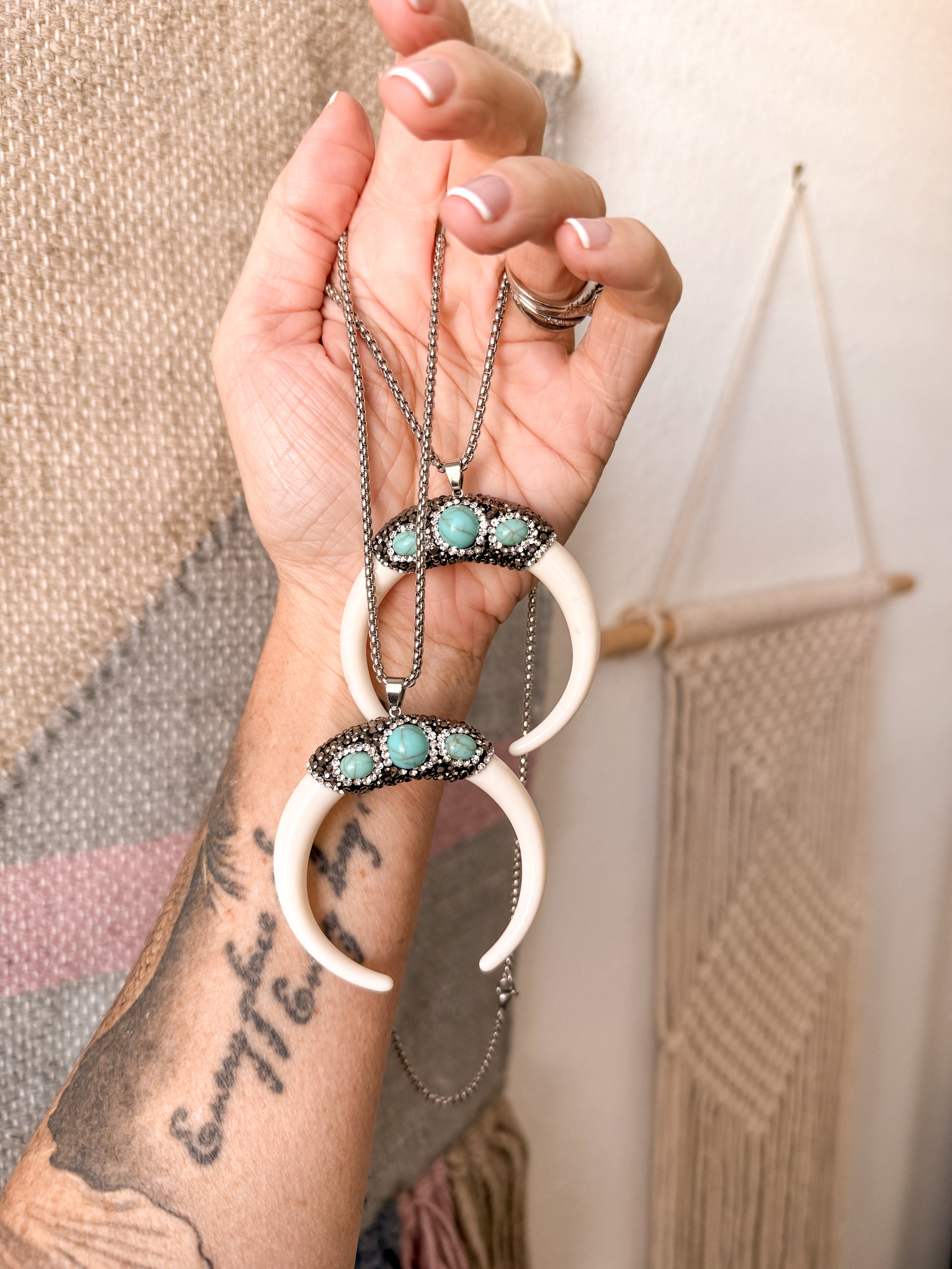 Boho Studded Horn Crescent Necklace