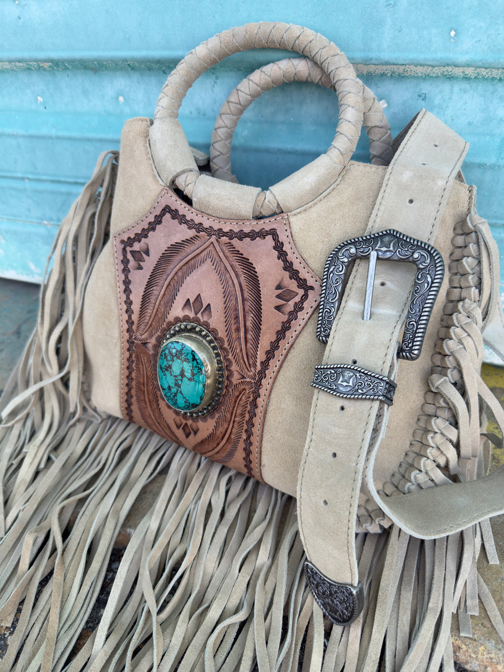 Turquoise Drift Suede Fringe Bag