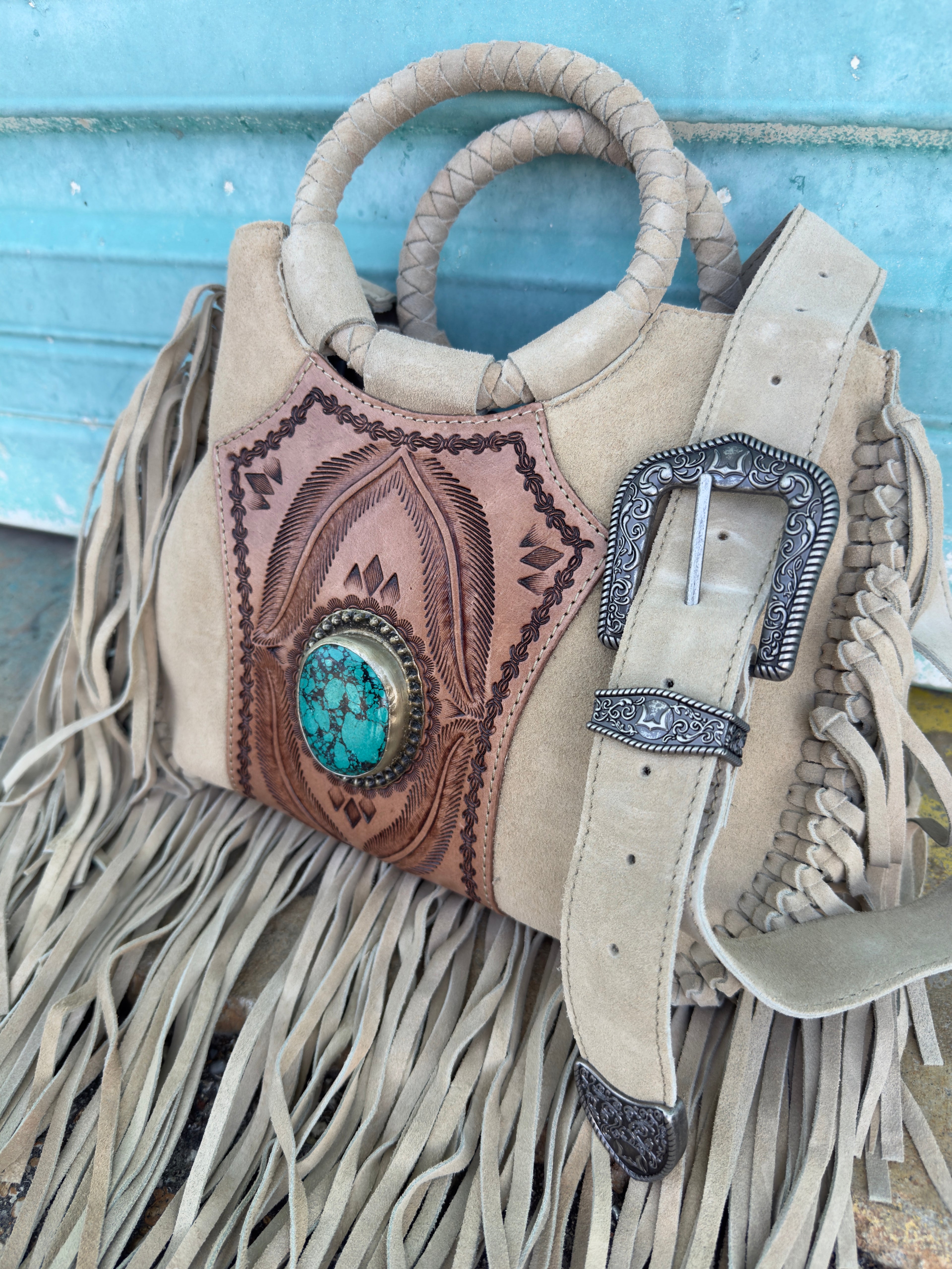 Turquoise Drift Suede Fringe Bag