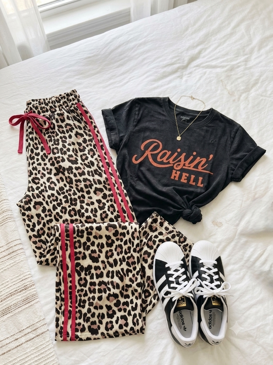 Rebel Red Leopard Wide Leg Track Pants