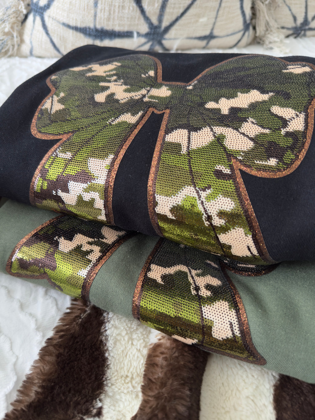 Sequin Camo Coquette Bow Pullover