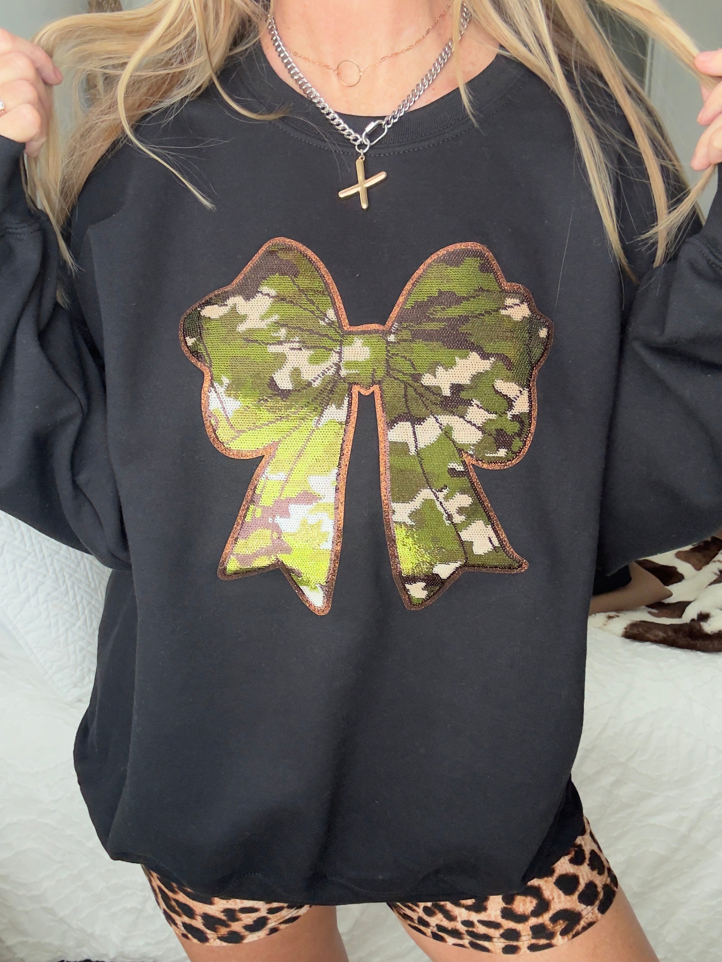 Sequin Camo Coquette Bow Pullover