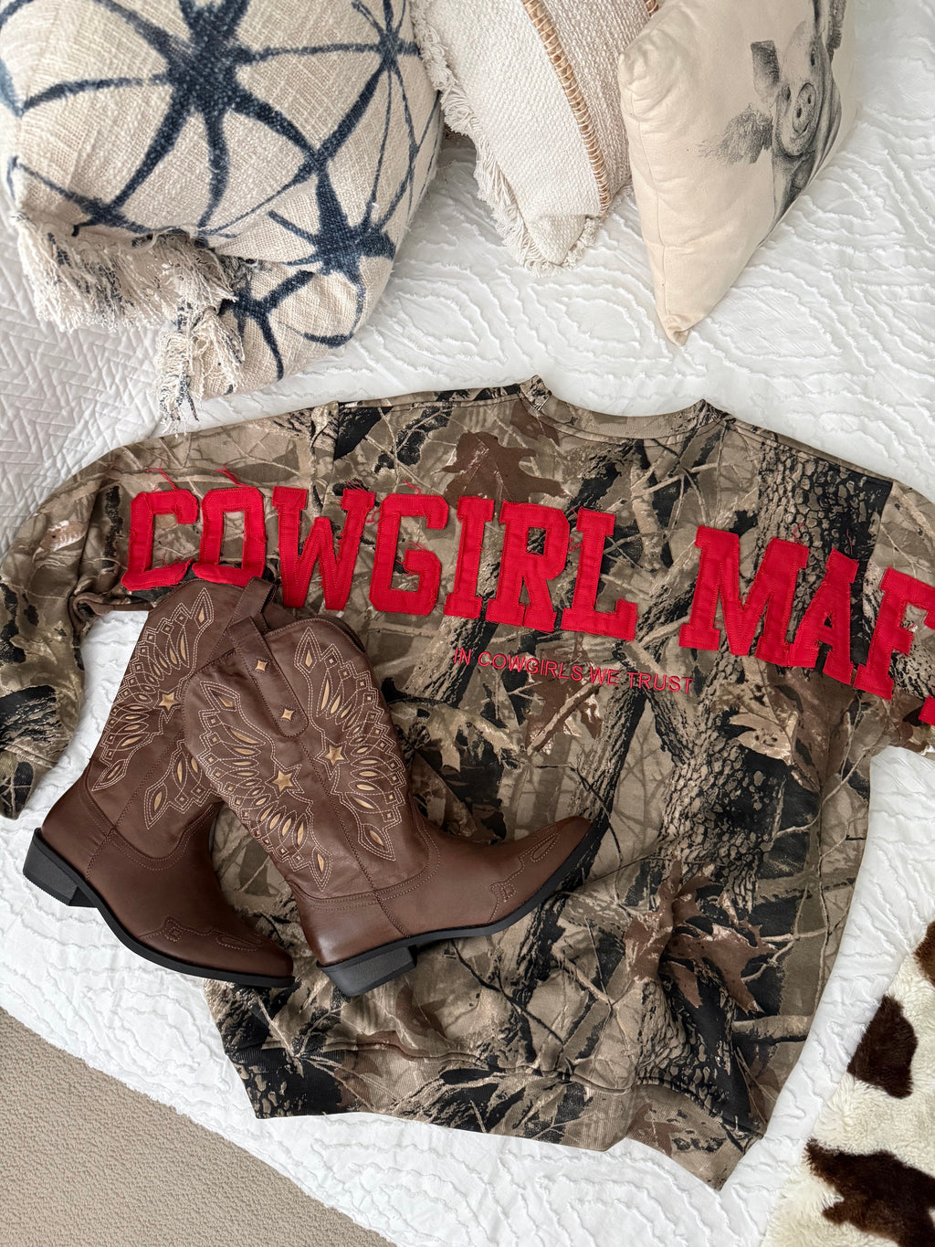Camo Cowgirl Mafia Distressed Letter Crew
