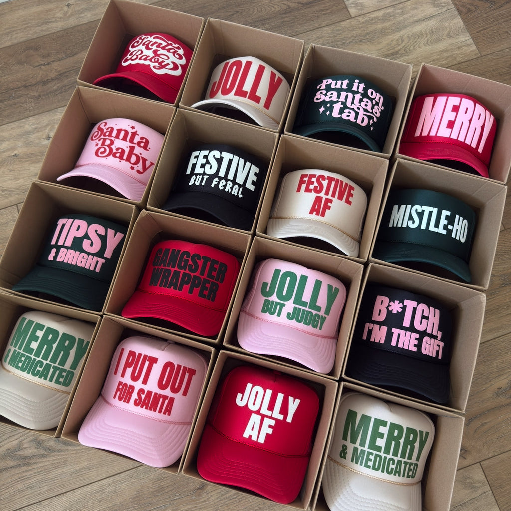 Snarky Puff Print Christmas Truckers - NOTE: Orders after 12/10 are not guaranteed before Christmas