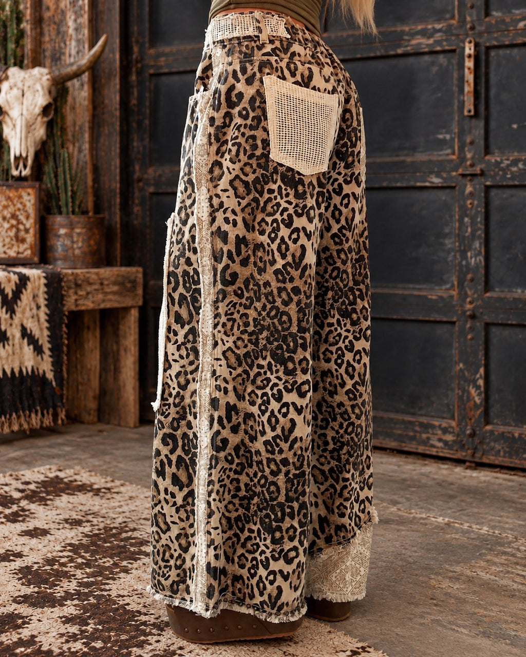 Leopard Patchwork Wide Leg Pants