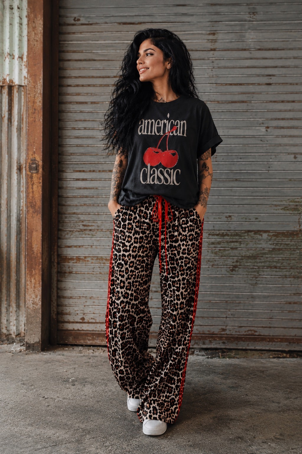 Rebel Red Leopard Wide Leg Track Pants