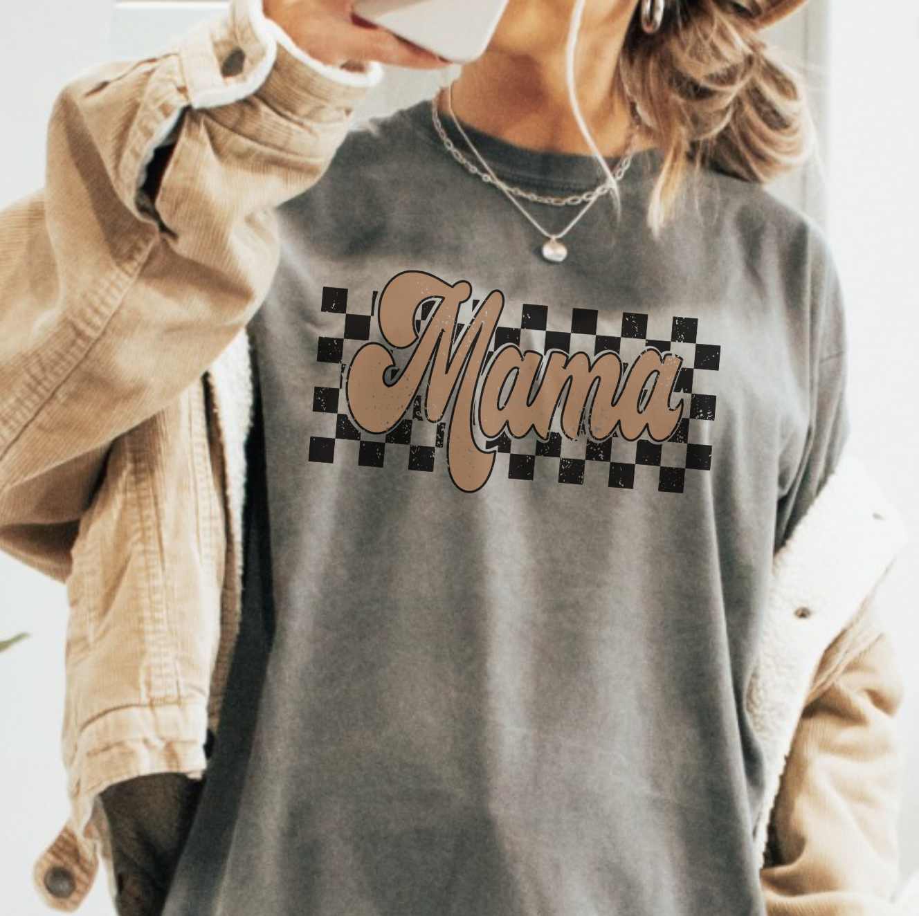 Retro Checkered Mama Distressed Tee