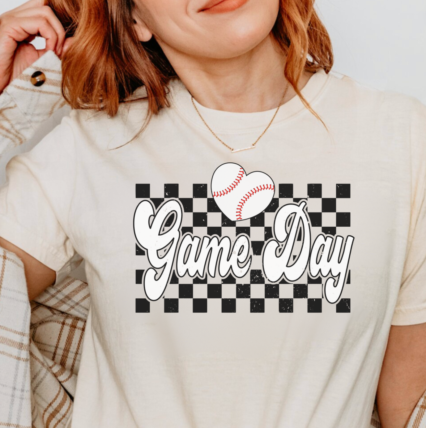 Baseball Heart Checkered Game Day Tee