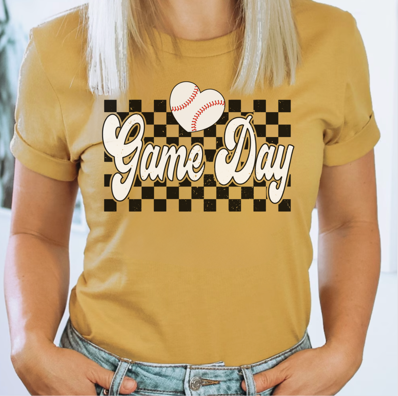 Baseball Heart Checkered Game Day Tee