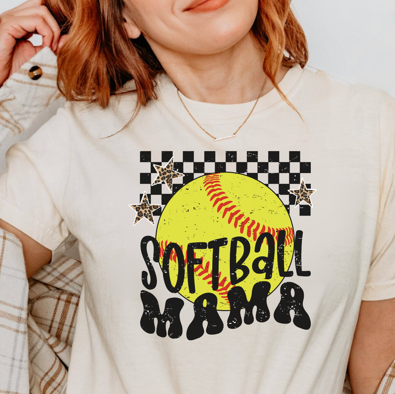 Checkered Softball Mama Graphic Tee