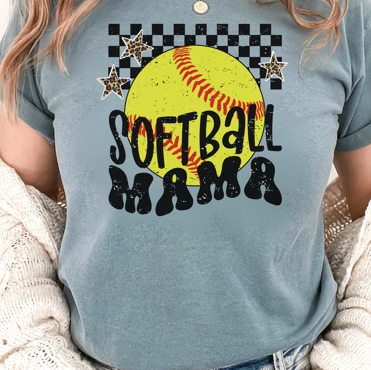 Checkered Softball Mama Graphic Tee