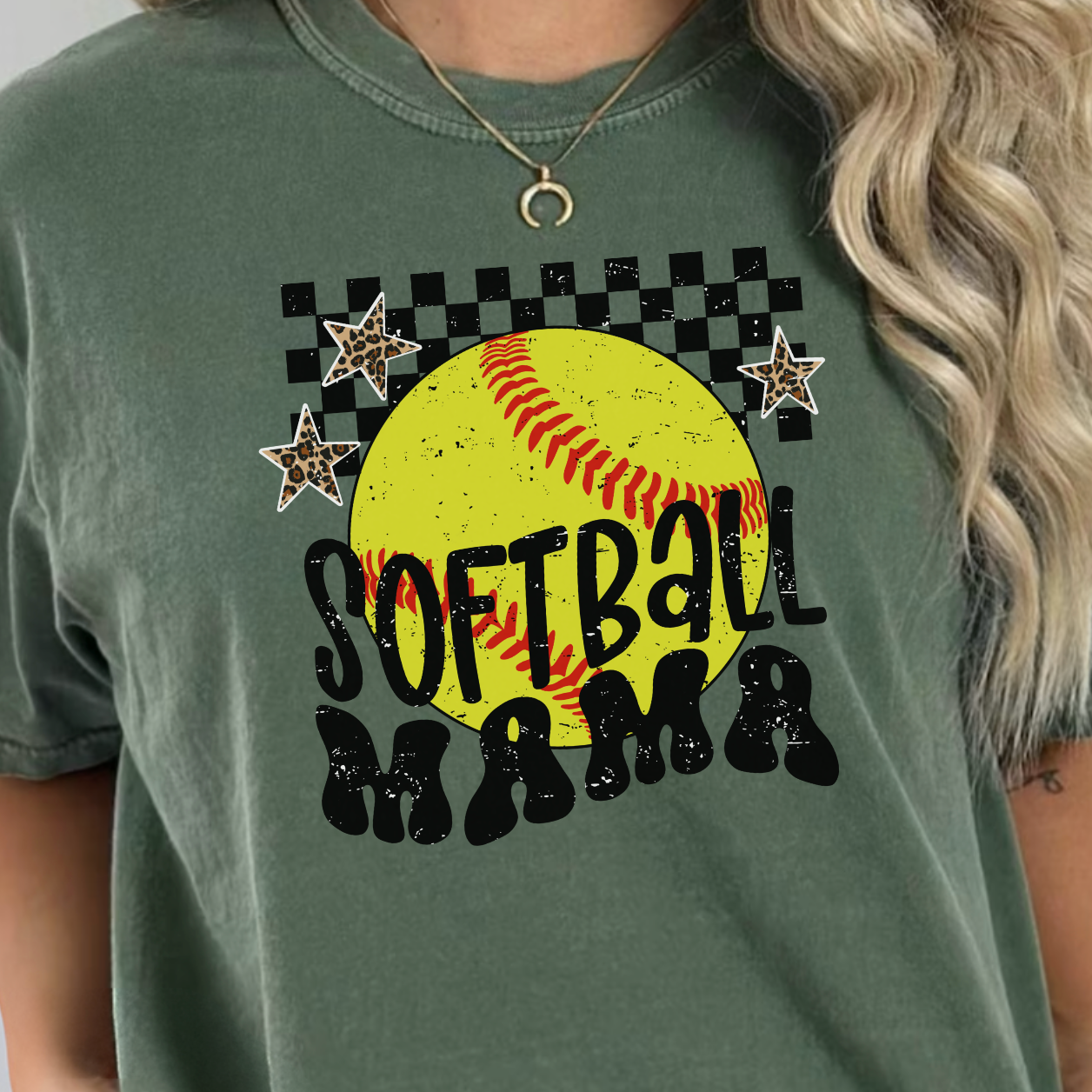 Checkered Softball Mama Graphic Tee