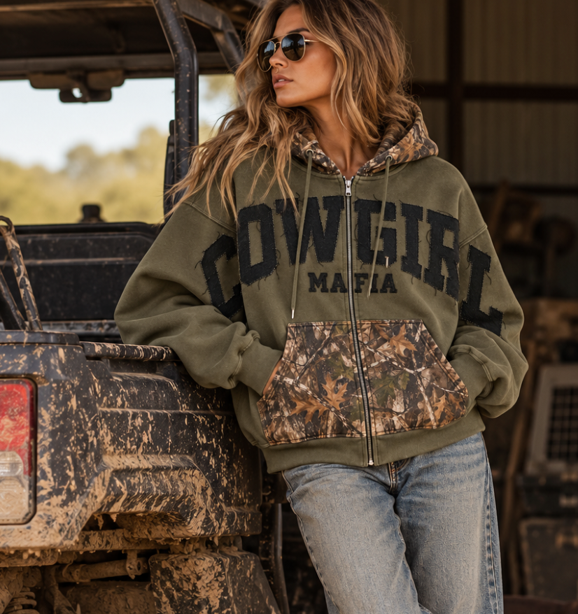 (COMING SOON) LIMITED ED. Cowgirl Mafia Camo Zip-Up Hoodie