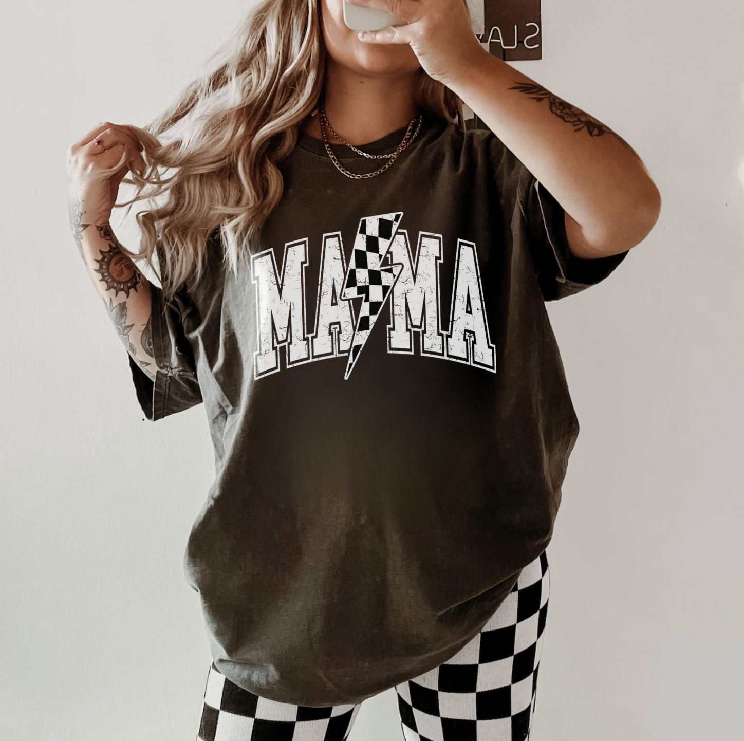 Mama Checkered Bolt Graphic Tee